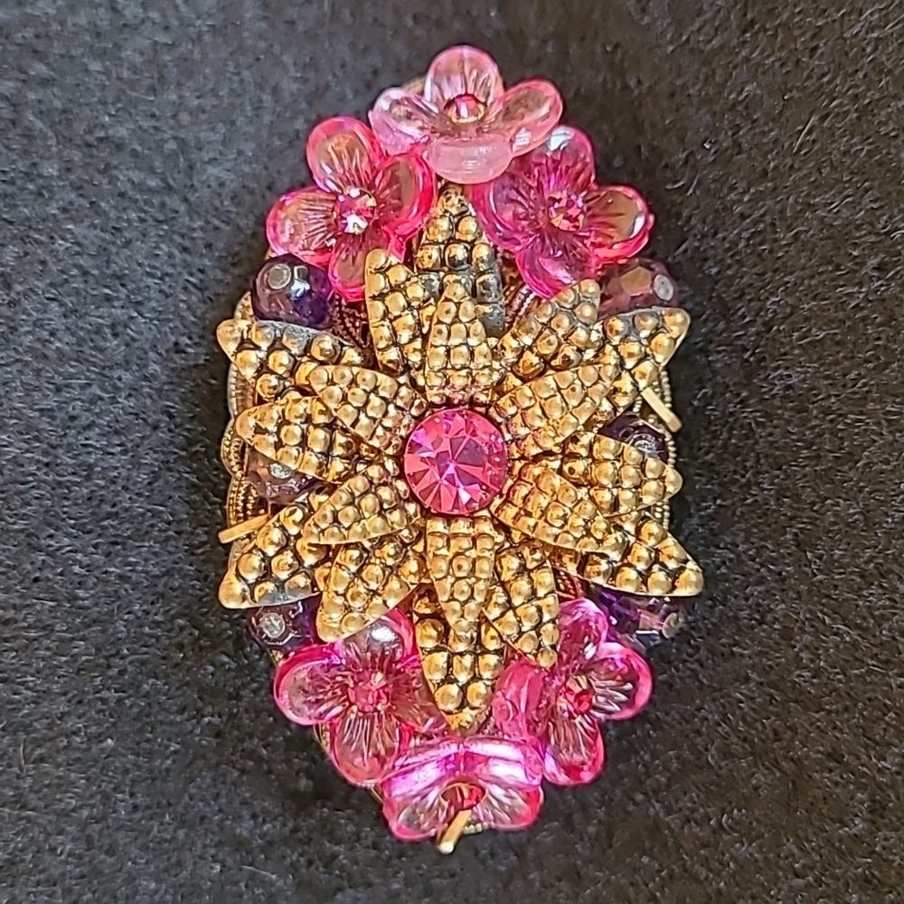 Vintage 1950 Western Germany Oval Pink Purple & Gold Flower Brooch Filigree Back